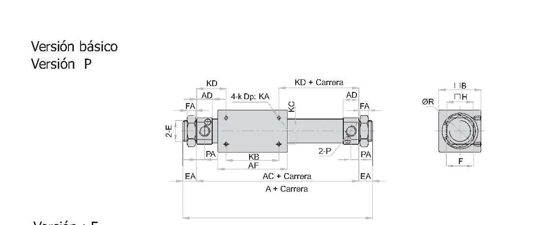 Plano y dimensiones · Cilindros sin Vastago Magnéticos · Serie RMS