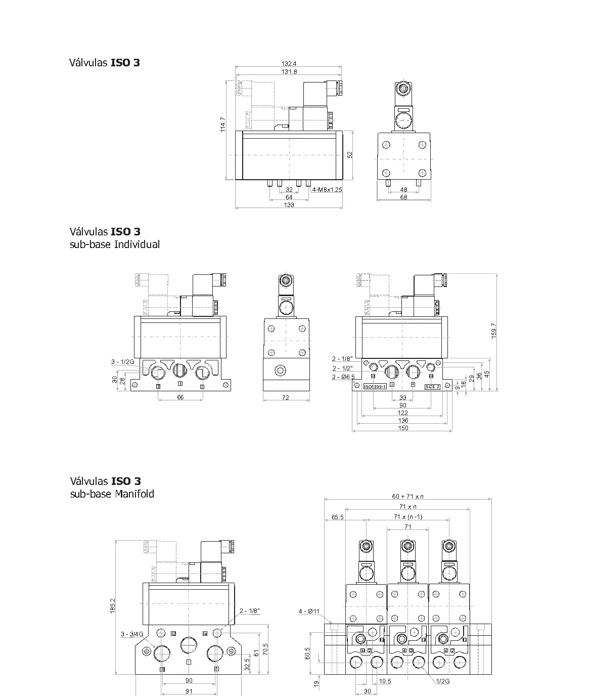 Plano y dimensiones · Válvulas ISO 5599/1 - Solenoides 5/2 y 5/3 · Serie VSI - ISO 3