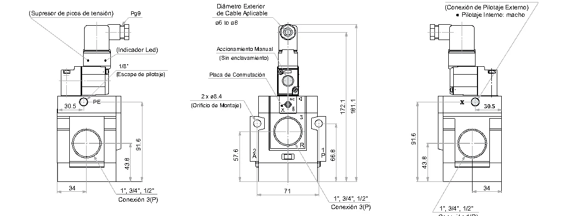 Plano y dimensiones · Electrovalvulas 3/2 de Alto Caudal Poppet o de Asiento · Serie VSPP 1/2 NPT