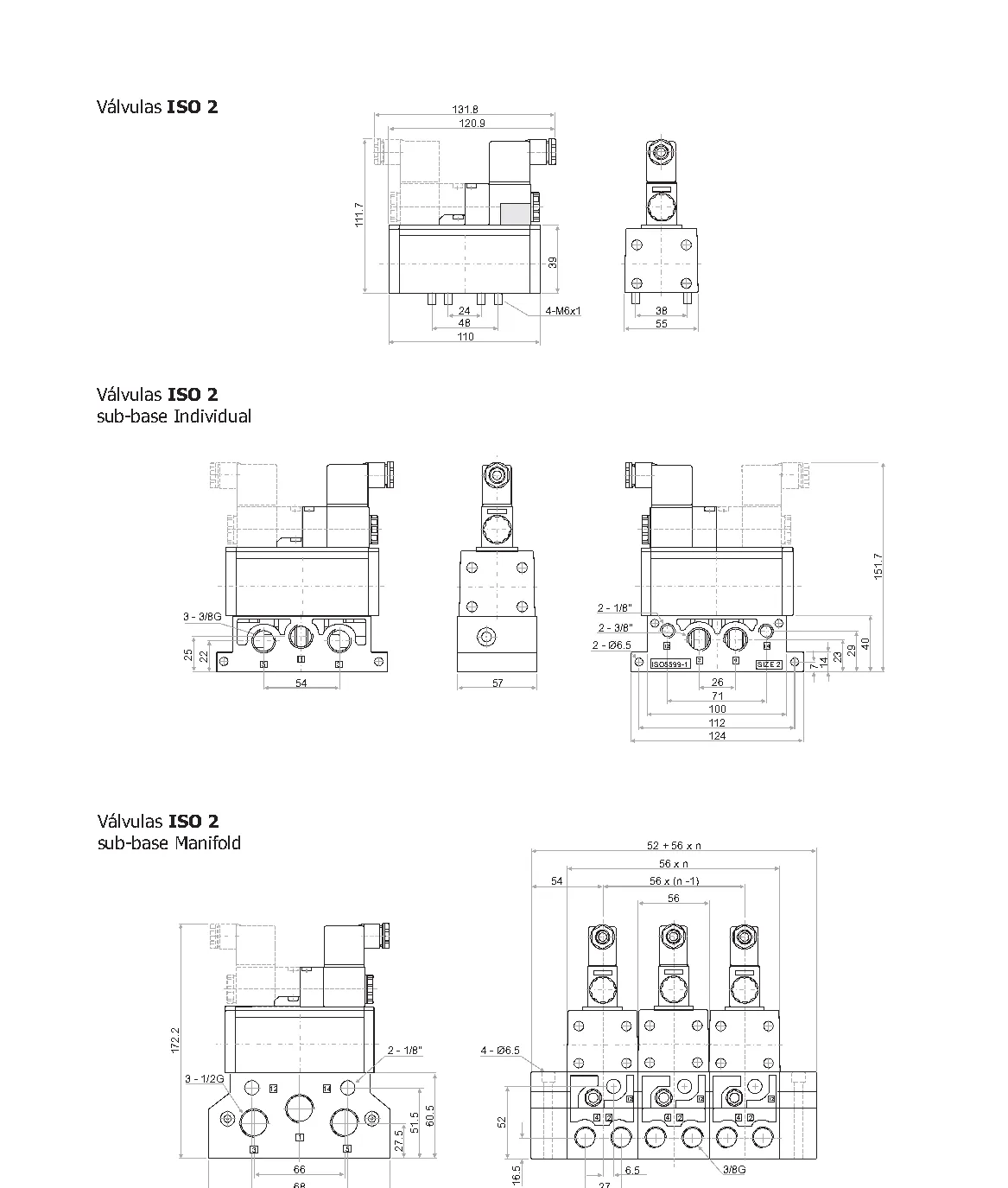 Plano y dimensiones · Válvulas ISO 5599/1 - Solenoides 5/2 y 5/3 · Serie VSI - ISO 2