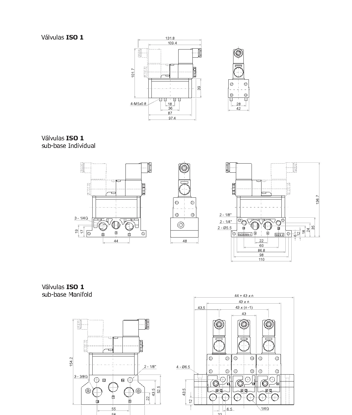 Plano y dimensiones · Válvulas ISO 5599/1 - Solenoides 5/2 y 5/3 · Serie VSI - ISO 1